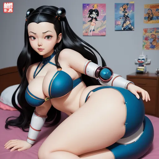 a cartoon character is posing on a bed with her breasts exposed and her head turned to the side,, by Akira Toriyama
