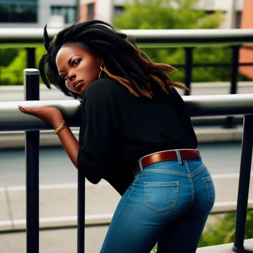 high resolution images - a woman leaning on a rail with her hand on her hip and looking at the camera with a serious look on her face, by Billie Waters