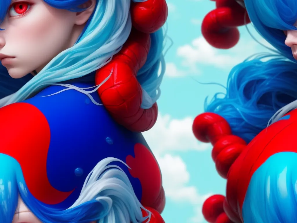 a woman with blue hair and red and blue hair wearing a red and blue outfit and red and blue hair, by Adam Martinakis