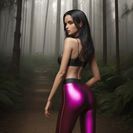 text to image ai generator - a woman in a purple outfit standing in a forest with trees and fog behind her is a path with trees and a path with a trail, by Hendrik van Steenwijk I