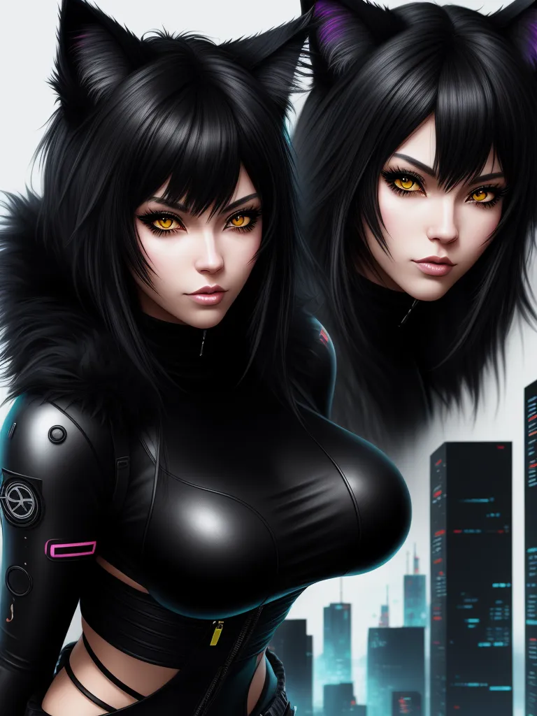 convert photo into 4k - a woman in a cat suit with yellow eyes and black hair with a city background behind her and a cat - like head, by Terada Katsuya