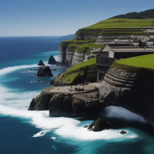 a cliff side with a building on the top of it and a body of water below it with a wave coming in, by David Burdeny