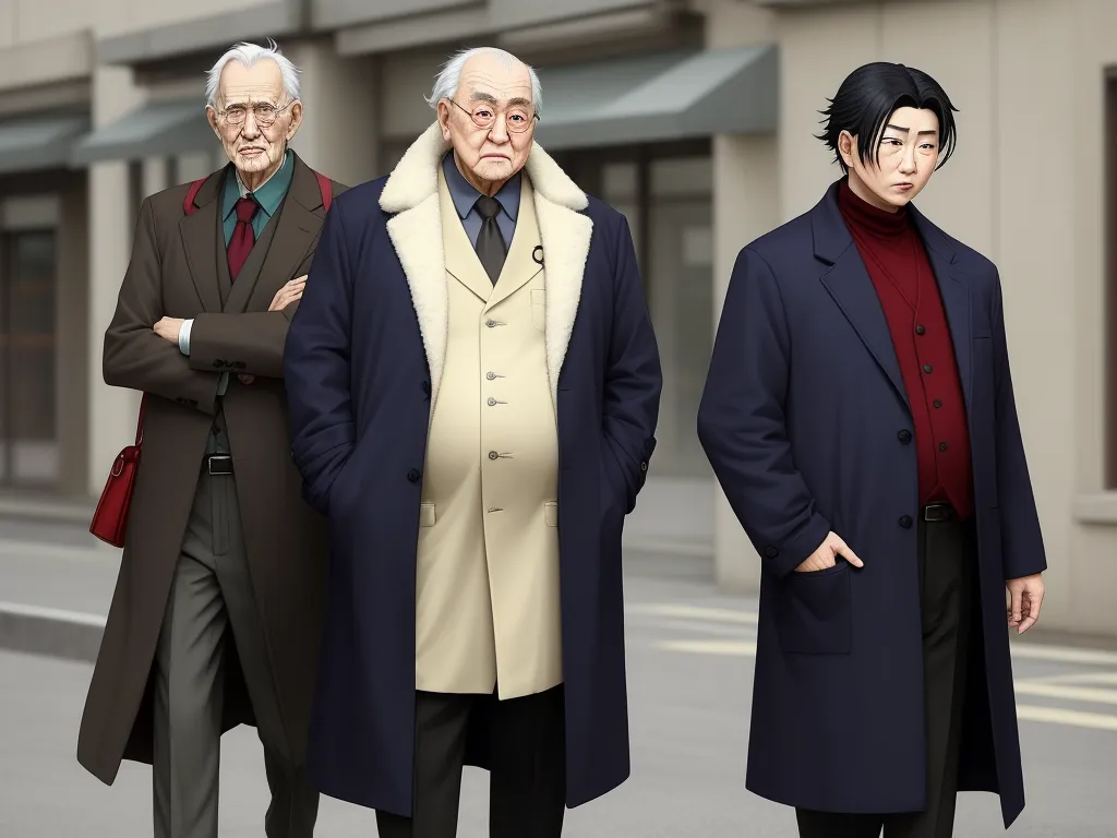 make yourself a priority wallpaper - three people standing next to each other on a street corner with a building in the background and a man in a coat and tie, by Hiromu Arakawa