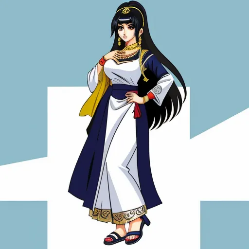 a woman in a white and blue dress with a yellow scarf on her shoulder and a yellow scarf on her shoulder, by Rumiko Takahashi