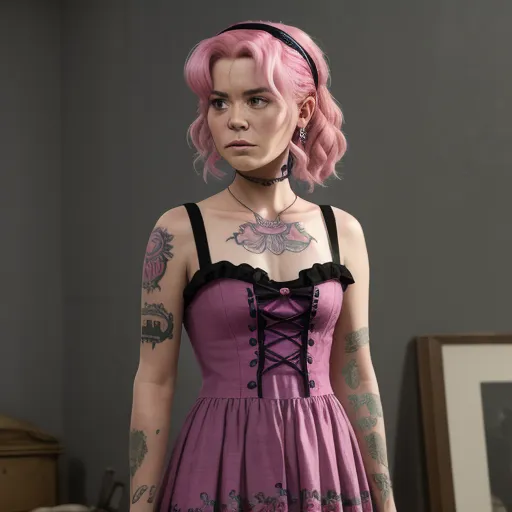 make image higher resolution - a woman with pink hair wearing a purple dress and a black bow tie around her neck and a tattoo on her arm, by Mab Graves