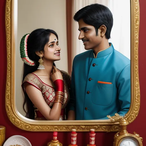ai image generator from image - a man and woman are looking at each other in a mirror together, with a clock in the background, by Raja Ravi Varma