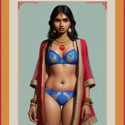 ai text to picture generator - a woman in a blue bra and red shawl with a red shawl around her neck and a red shawl around her neck, by Raja Ravi Varma