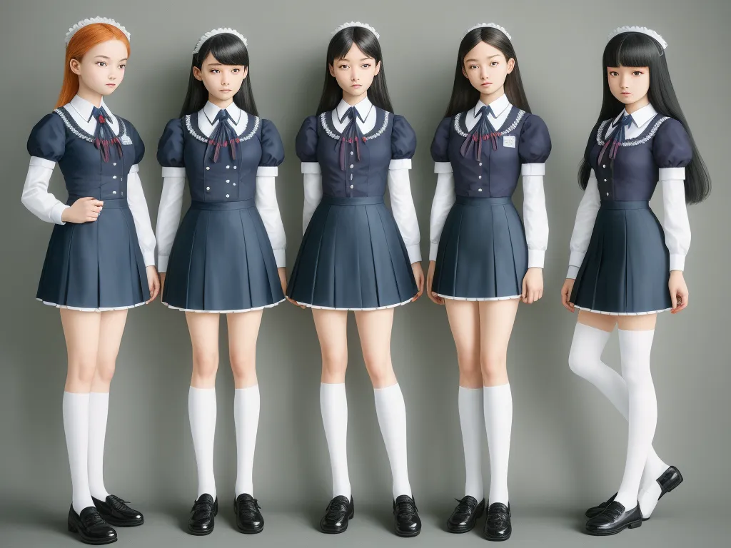 a group of young women in uniforms standing next to each other in front of a gray background, with the same girl in the same uniform, by Terada Katsuya