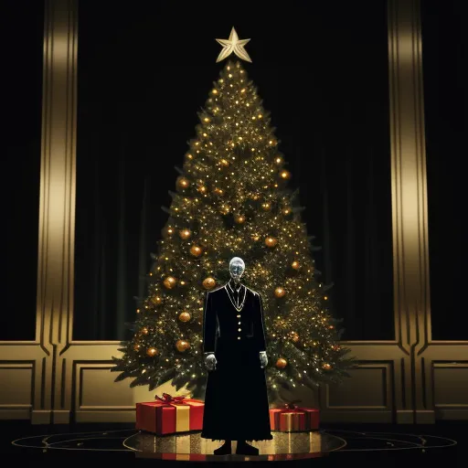 a man in a black suit standing in front of a christmas tree with presents under it and a star on top, by Andy Fairhurst