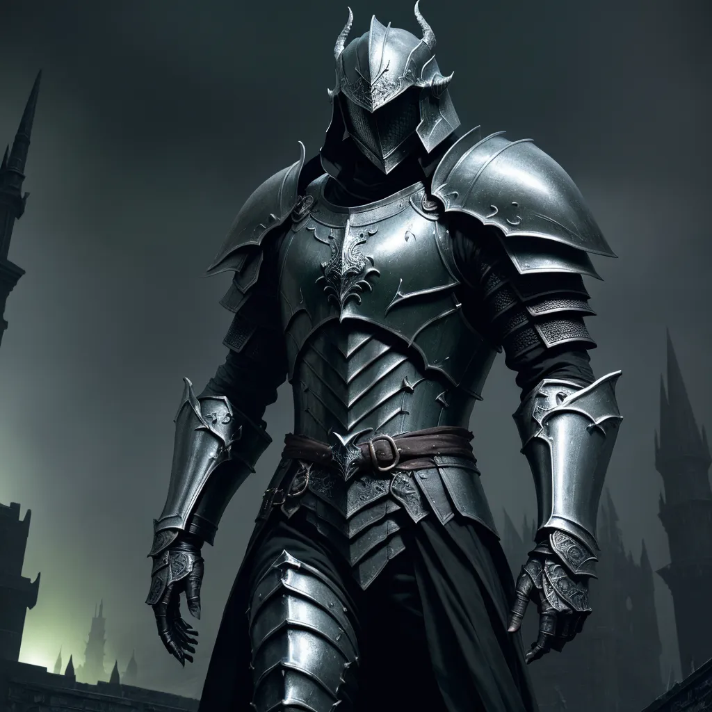 how to increase photo resolution - a man in a knight suit standing in front of a castle at night with a glowing light behind him, by Kentaro Miura