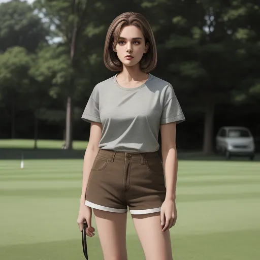 enhancer - a woman in a short skirt holding a tennis racket in a park setting with a car in the background, by Chen Daofu