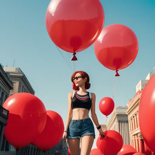 a woman in a bikini top and shorts walking with red balloons floating over her head and her hands in her pockets, by Alessio Albi