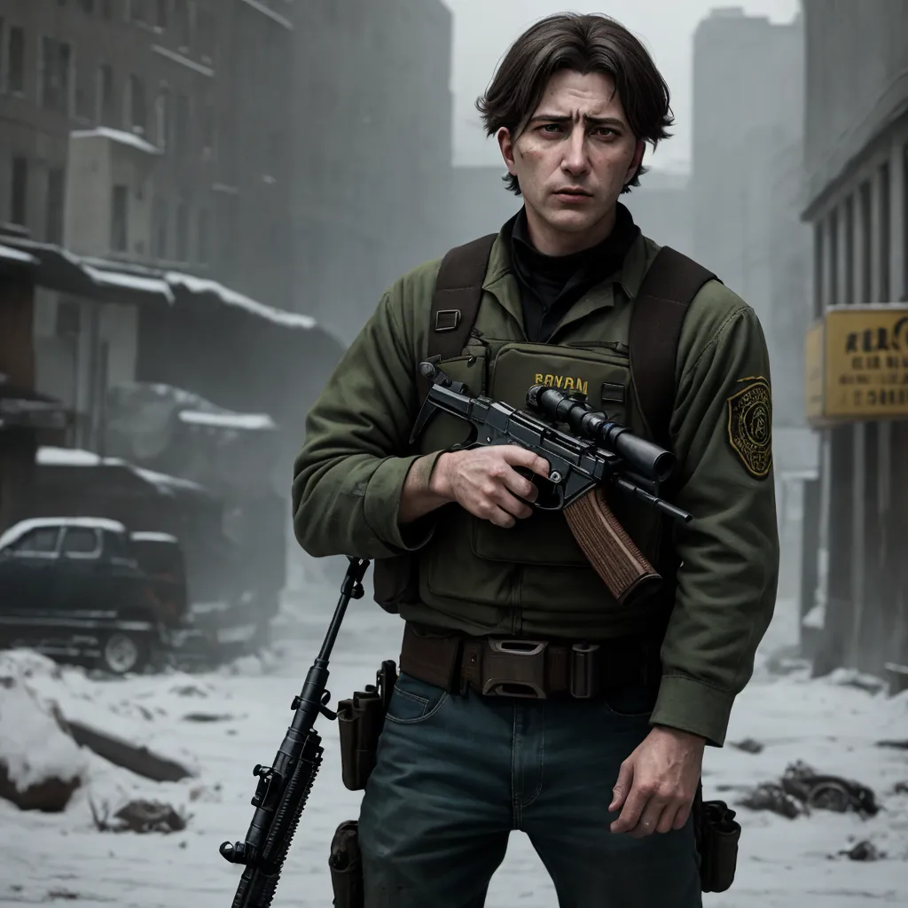 a man holding a rifle in a snowy city street with buildings in the background and snow on the ground, by Gregory Crewdson