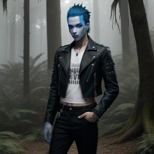 how to increase image resolution - a man with blue hair and makeup standing in a forest with trees and plants in the background, wearing a black leather jacket, by Terada Katsuya