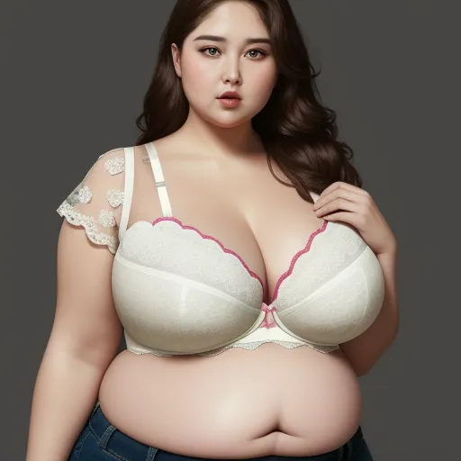 image convert - a woman in a white bra with a large breast and a large breast, posing for a photo in a white bra, by Terada Katsuya