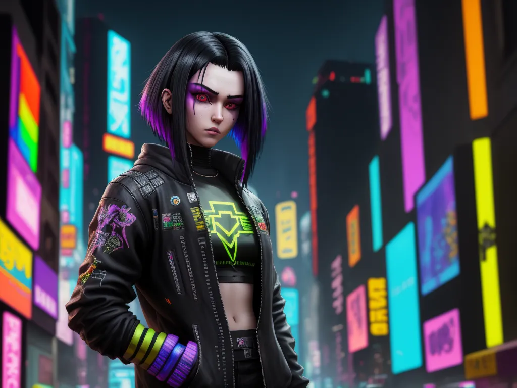 4k ultra hd photo converter - a woman in a neon outfit standing in a city at night with neon lights on her jacket and jacket, by Terada Katsuya