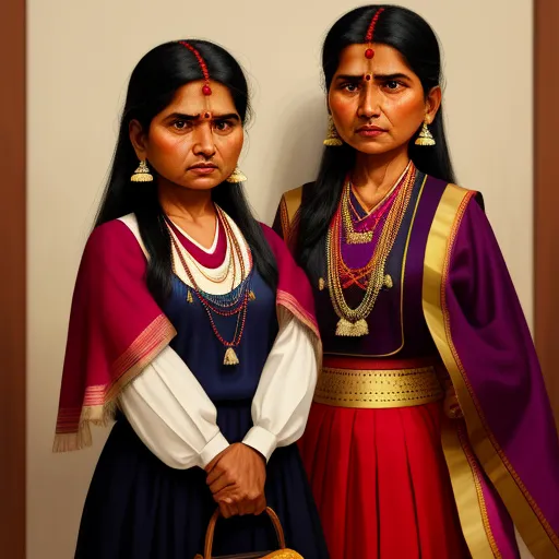 ai image upscaling - two women in traditional indian dress standing next to each other with a basket in their hand and a mirror behind them, by Raja Ravi Varma