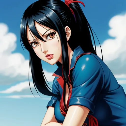 ai image generator dall e - a woman with long black hair and a red bow on her head is looking at the camera with a blue sky in the background, by Terada Katsuya