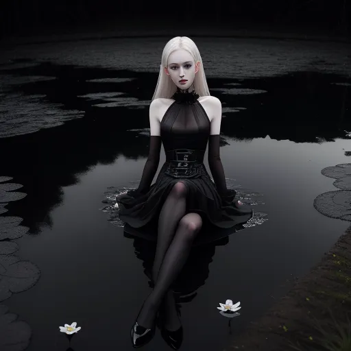 a woman in a black dress sitting on a pond with lily pads in the water and a black background, by Bella Kotak