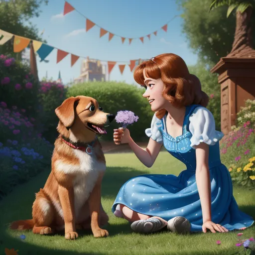 text to image ai free - a painting of a girl and a dog in a garden with bunnies and bunnies hanging from the trees, by Hanna-Barbera