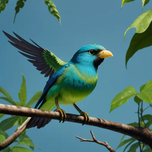 word to image generator - a blue and green bird perched on a branch with wings spread out and wings spread out, with leaves in the background, by Pixar Concept Artists