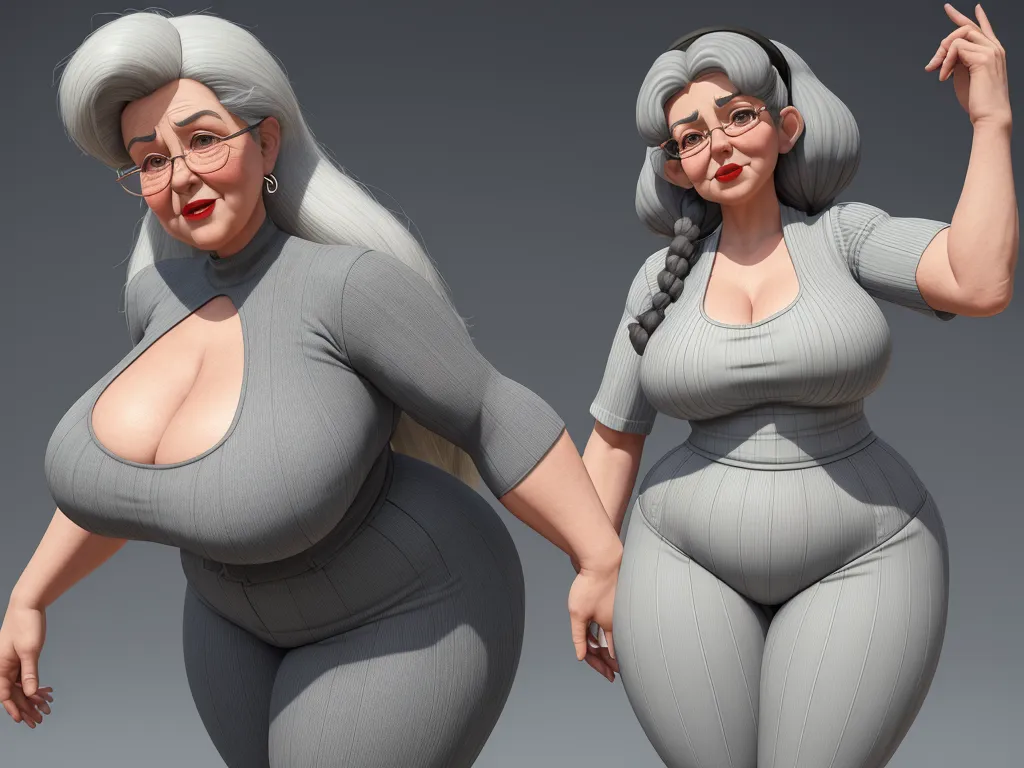 a woman in a grey outfit with big breasts and glasses on her head, and a woman in a gray outfit with big breasts, both of which are both wearing glasses, by Pixar Concept Artists