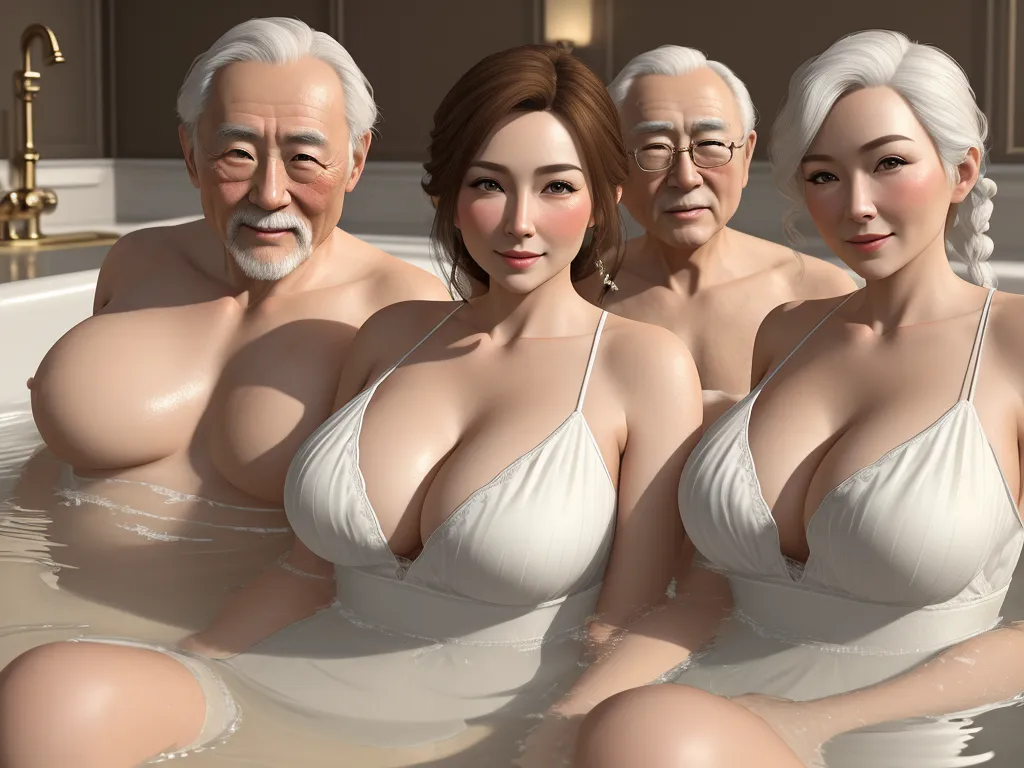 a group of three women in a bathtub with a man and woman in the tub behind them, all wearing white, by Terada Katsuya