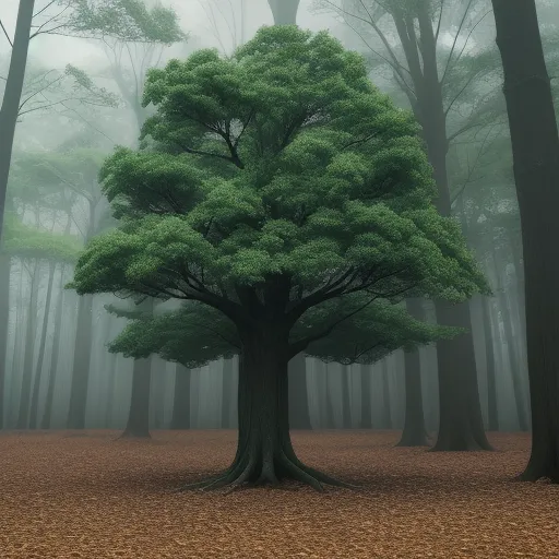 a large tree in a forest with fog in the background and a few leaves on the ground and the ground, by Filip Hodas