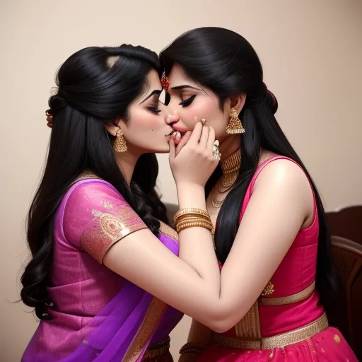 ai generated images free - two women in sari kissing each other with their hands on their cheeks and their faces close together,, by Sailor Moon