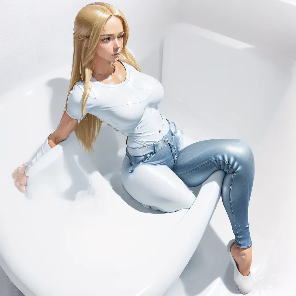 what is high resolution photo - a woman in a white shirt and jeans is sitting on a white object in a bathtub with her legs spread out, by Terada Katsuya