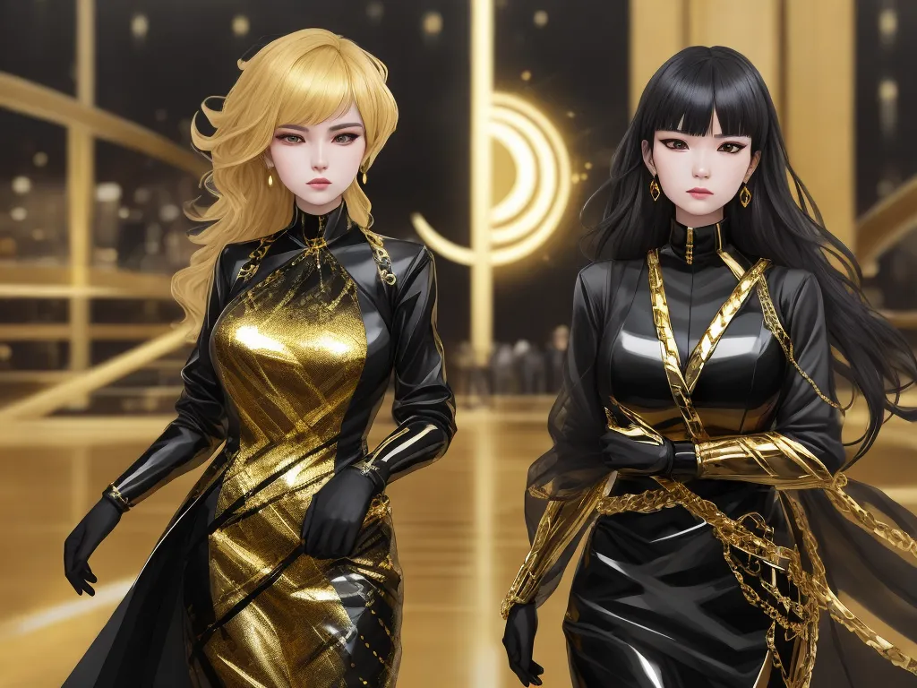 ai image generators - two women in black and gold outfits walking down a hall together, with a gold and black background and a black and gold background, by Leiji Matsumoto