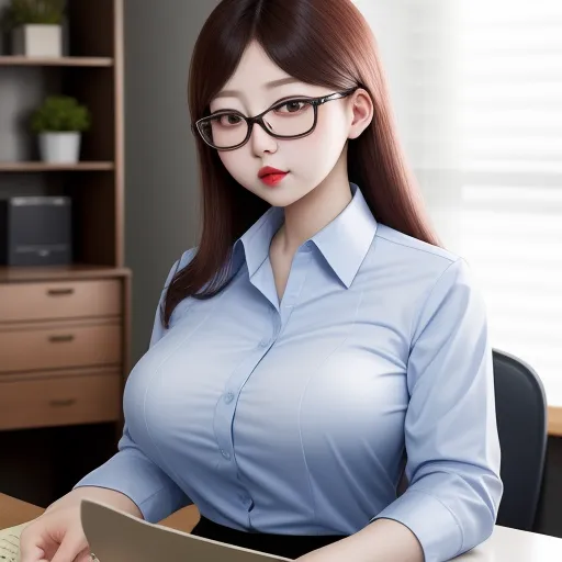 a woman in glasses sitting at a desk with a book and a pen in her hand and a folder in her hand, by Terada Katsuya