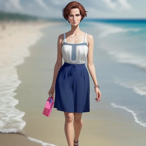 a woman in a dress is walking on the beach with a pink purse in her hand and a pink purse in her other hand, by Sailor Moon