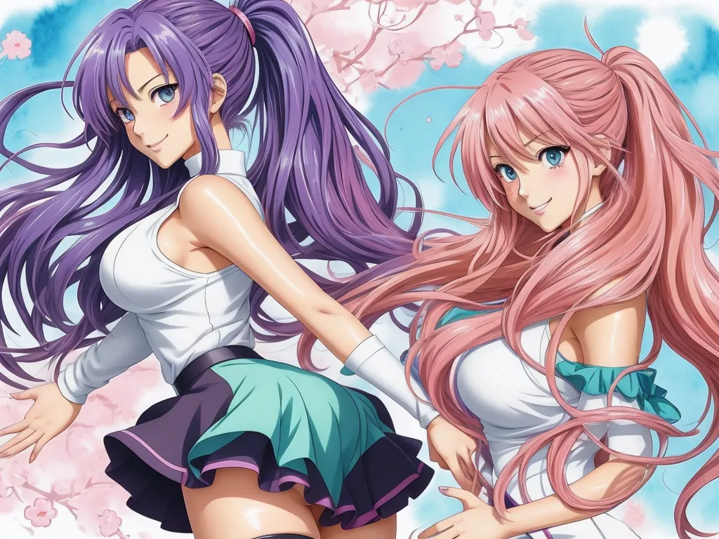 text-to-image ai - two anime girls with long hair and pink hair, one with long hair and one with long hair, both with pink and purple hair, by Toei Animations