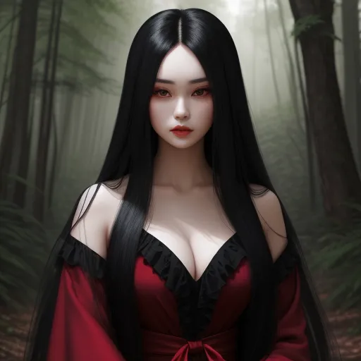 a woman in a red dress standing in a forest with long black hair and a red dress on her shoulders, by Chen Daofu