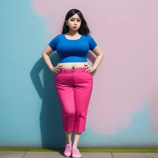 a woman in a blue top and pink pants standing against a wall with her hands on her hips and her hands on her hips, by Hendrik van Steenwijk I