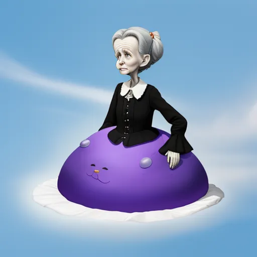 a cartoon of a woman sitting on a purple ball with a cat on it's back and a sky background, by Mark Ryden