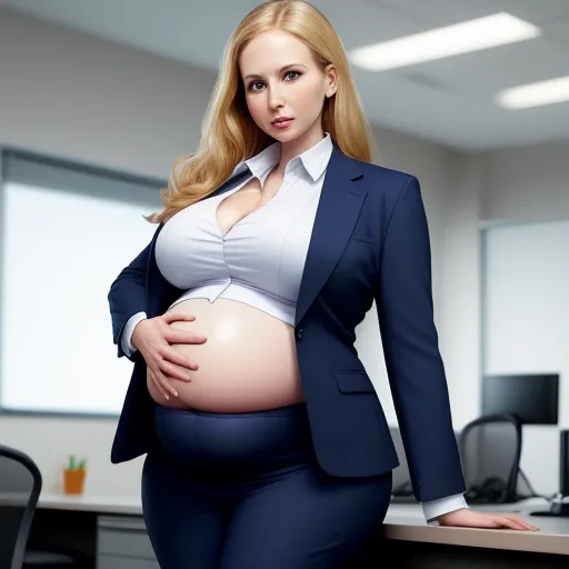 a woman in a suit and tie holding a pregnant belly in an office setting with a computer desk in the background, by Terada Katsuya