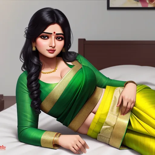 a woman in a green and yellow sari laying on a bed with her legs crossed and her hand on her hip, by Raja Ravi Varma