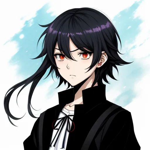 4k photos converter - a anime character with long black hair and red eyes, wearing a black jacket and white shirt with a tie, by Hanabusa Itchō