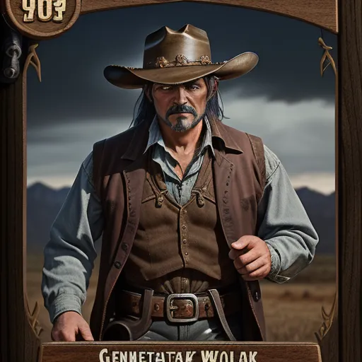 animated image ai - a picture of a man in a cowboy outfit with a gun in his hand and a name plate on the front of the card, by Kent Monkman