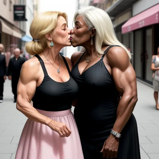 two women are kissing each other on the street while wearing black dresses and posing for a picture together,, by Bruce Gilden