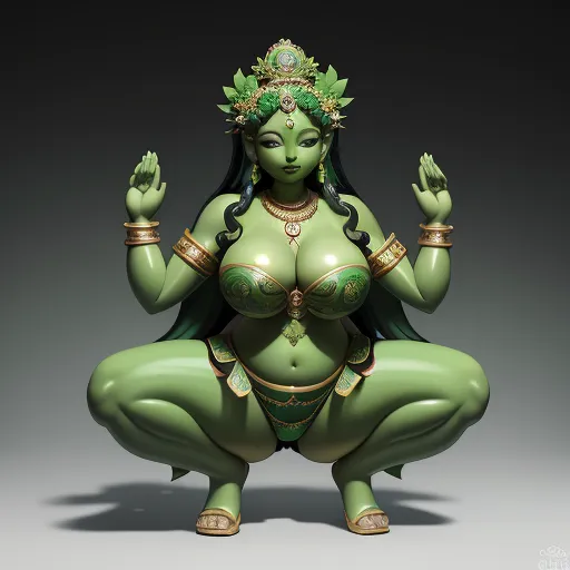 free photo enhancer online - a statue of a woman in a green outfit with a green headpiece and a green necklace on her head, by Hirohiko Araki