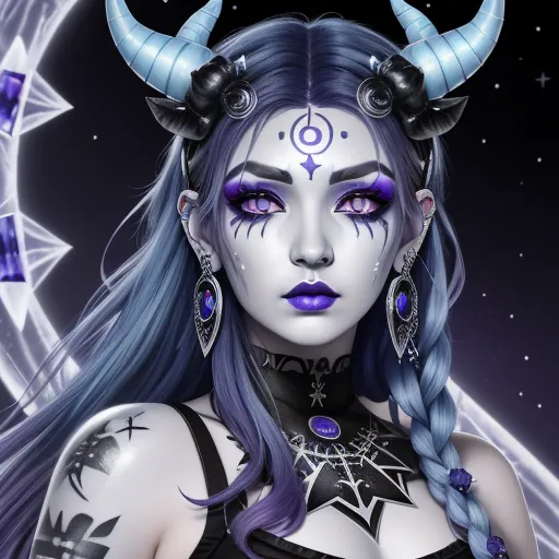 free photo enhancer online - a woman with blue hair and horns with horns on her head and a purple dress with a black top, by Lois van Baarle