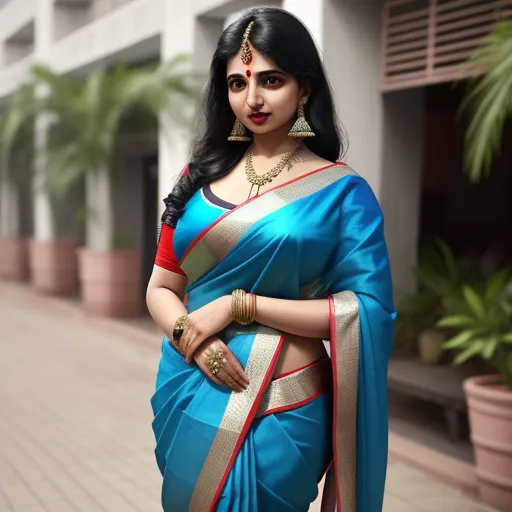 a woman in a blue and red sari with a red blouse on and a gold necklace on her neck, by Hendrik van Steenwijk I