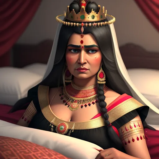 turn picture online - a woman in a crown is sitting on a bed with a pillow and a pillow case on her head, by Raja Ravi Varma