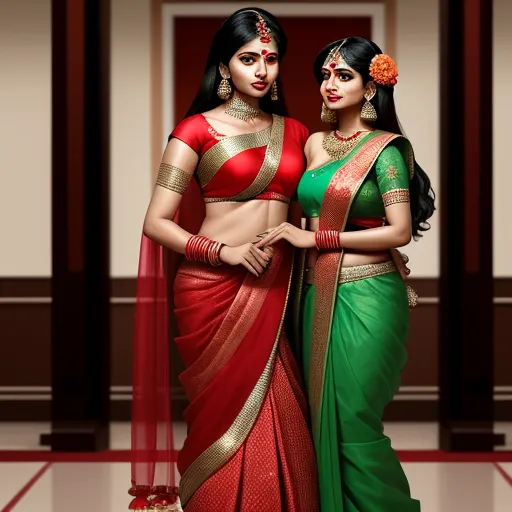 two women in indian attire posing for a picture together in a hall with a red and green sari, by Raja Ravi Varma