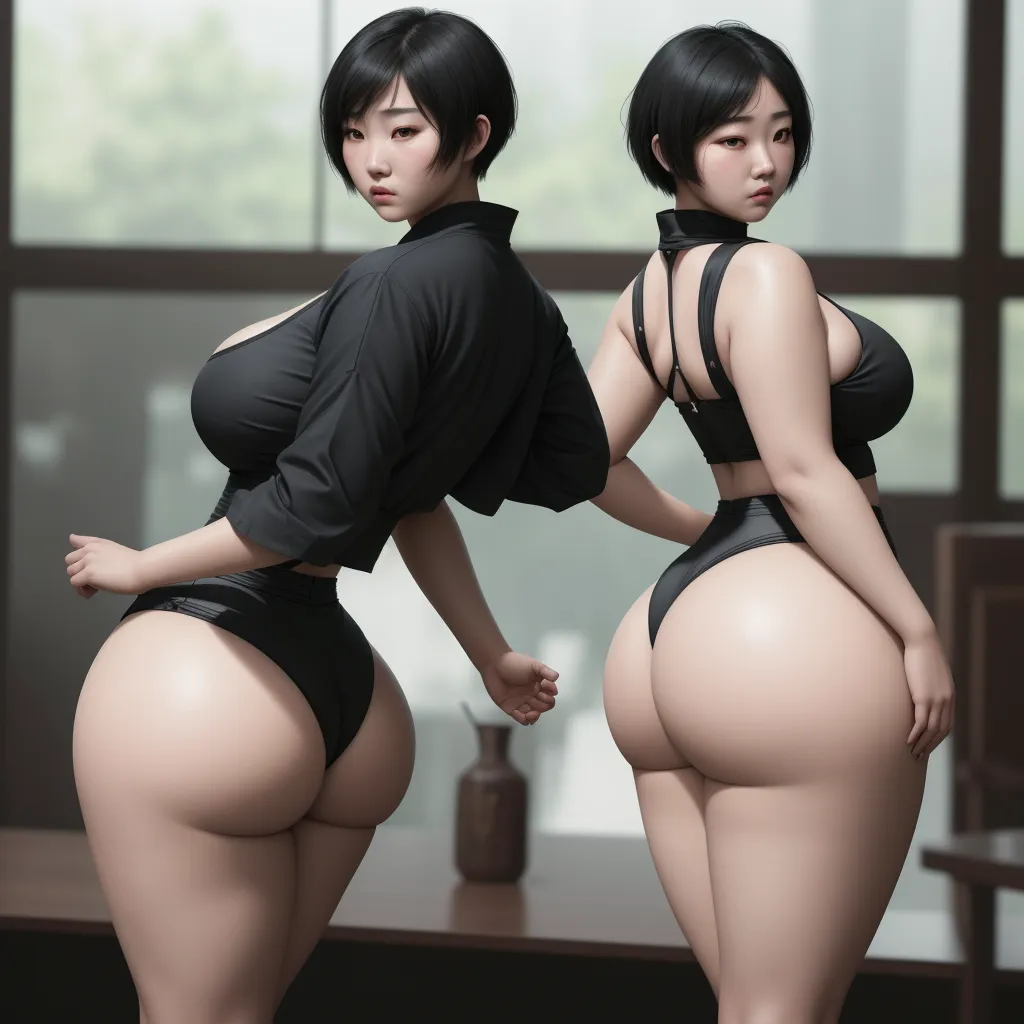 a 3d image of two women in lingerie outfits standing next to each other in front of a window, by Gatōken Shunshi
