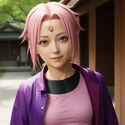4k converter photo - a woman with pink hair and a purple jacket is standing outside a building with a pink hair and a black shirt, by Akira Toriyama