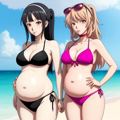 ai image generator dall e - two women in bikinis standing on a beach next to the ocean with a sky background and a blue sky, by Toei Animations